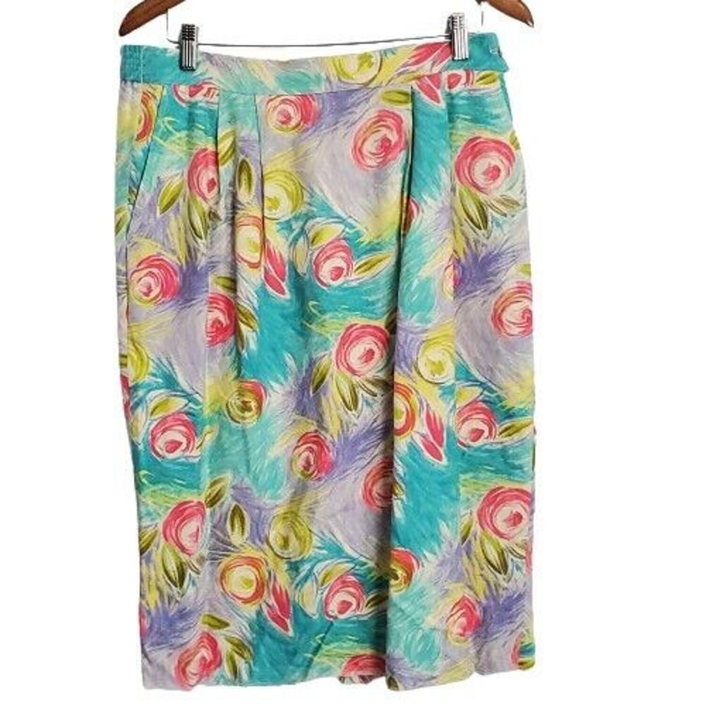 Vintage Silk Skirt Womens Size 14  Blue Pink Midi Cottage Coquette 80s Glam Rock